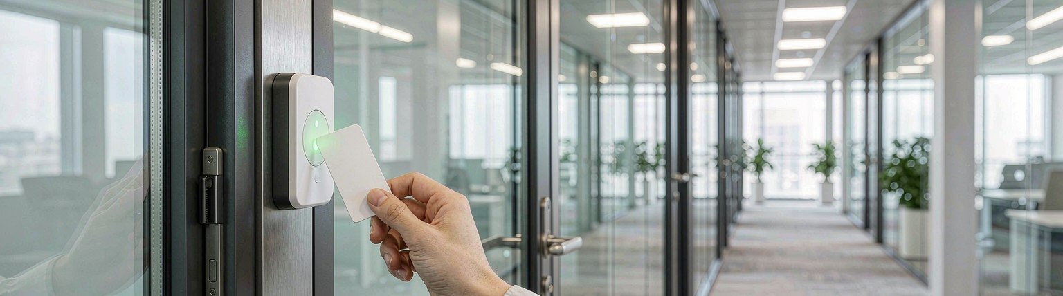 Secure office doorway and monitoring screens in soft light
