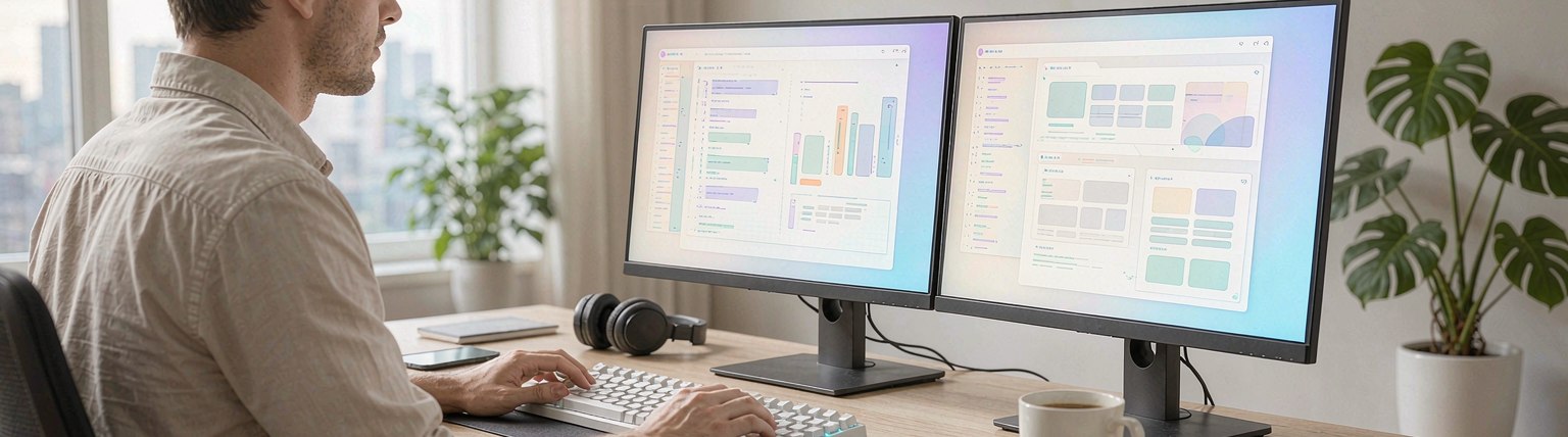 Clean web design mockup on a laptop screen in a bright office