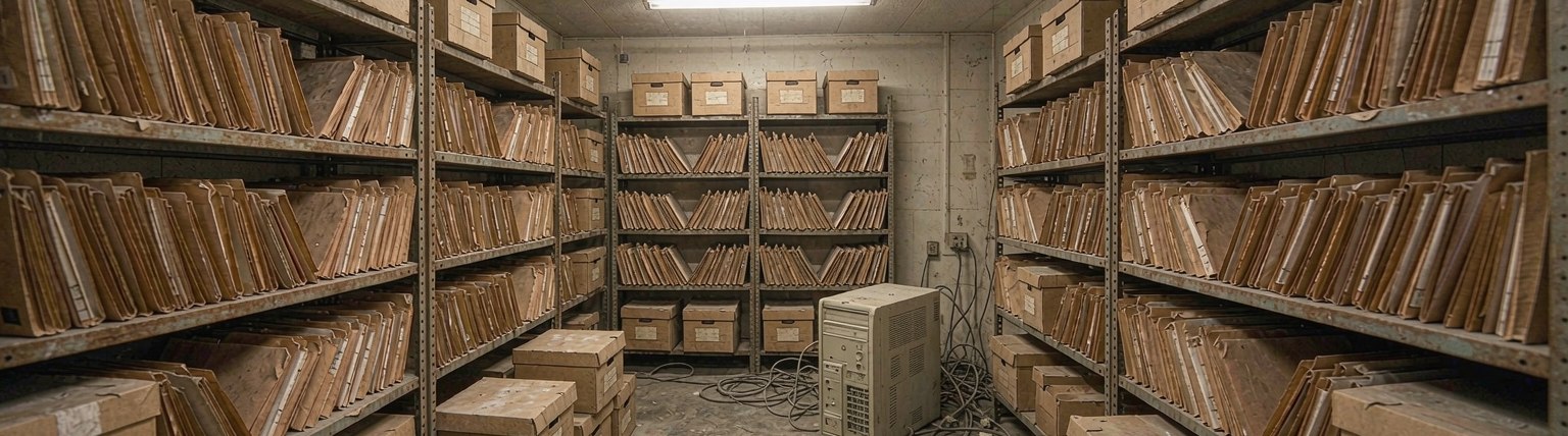 Paper files and an ageing server in a back-office archive