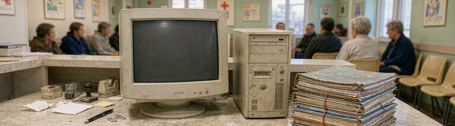 An older computer at a clinic reception desk
