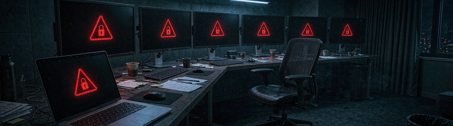A dark office with systems locked behind a security warning